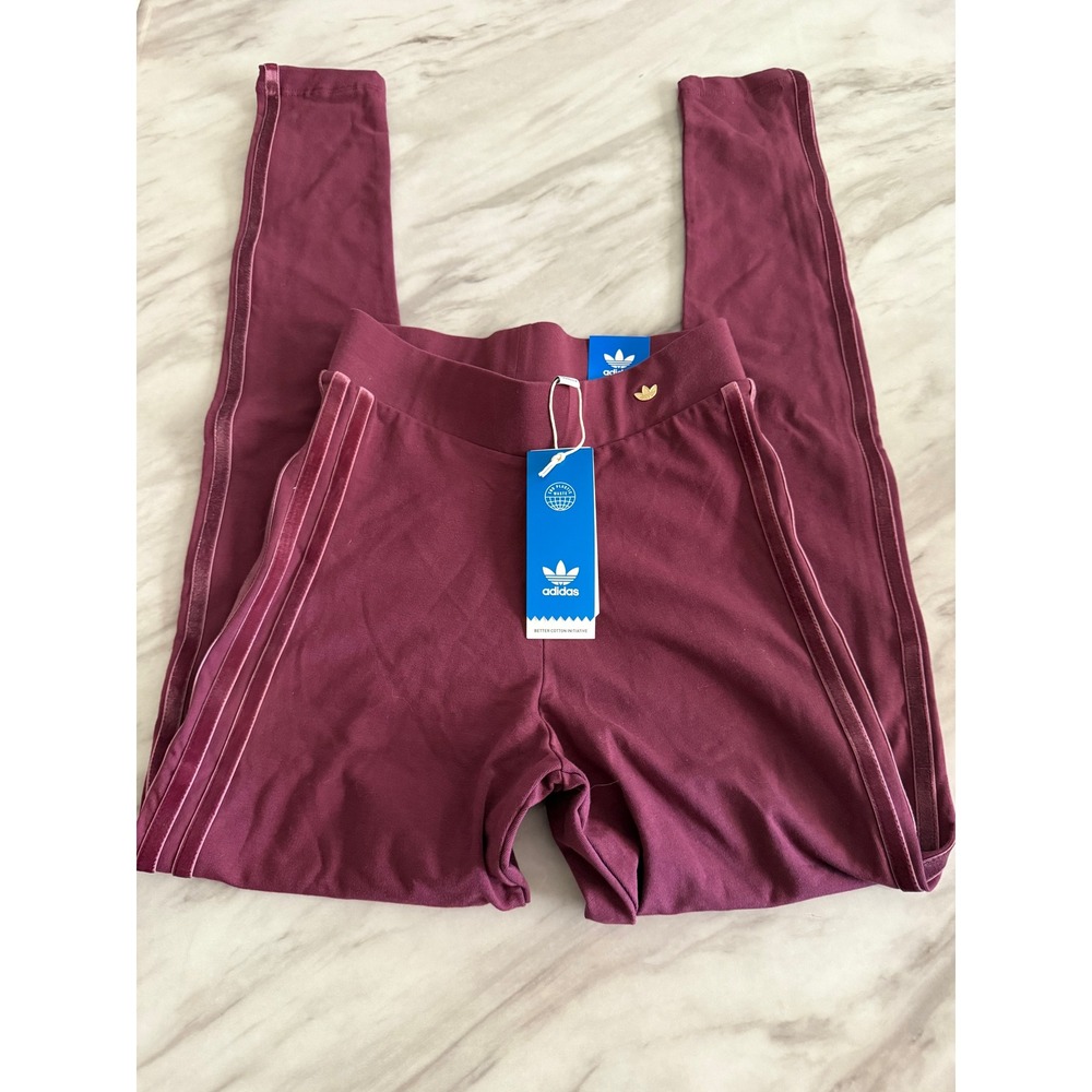 Adidas Originals Womens Mid Rise Tights Victory Crimson Velvet Stripes XS